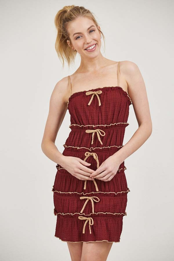 Bow Baby Mini Dress Maroon