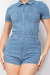 Zip-Up Pocket Collared Denim Romper