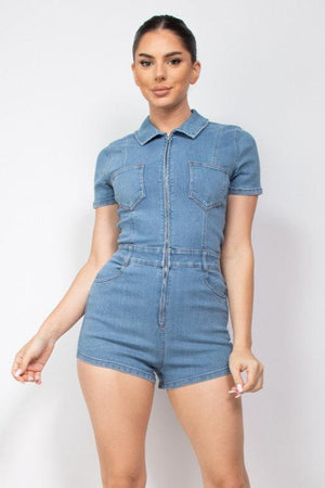 Zip-Up Pocket Collared Denim Romper