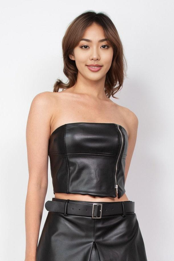 Front Zipper Leather Tube Top Black